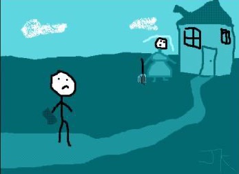 Stick-figure cartoon: a frowning bruno holding his report card on a path, his mother with a pitchfork outside their house